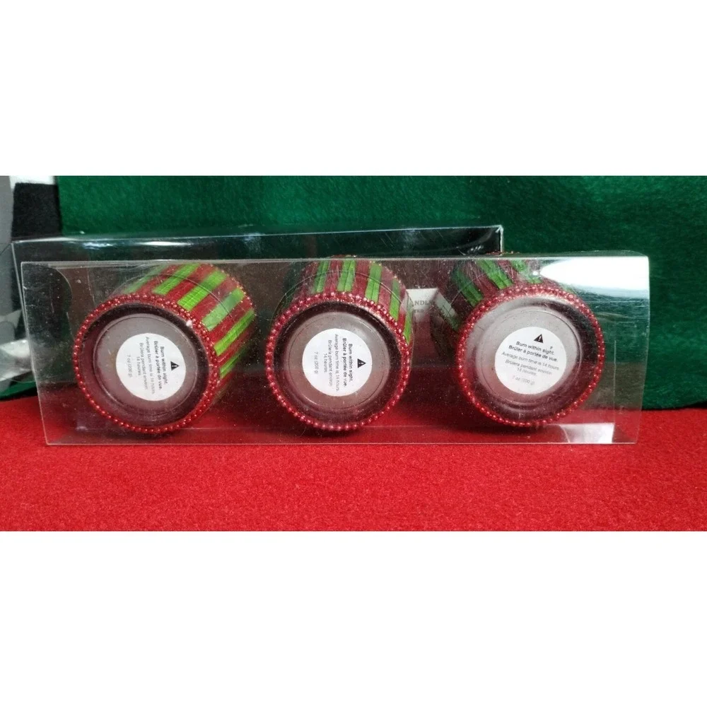 Pier 1 Imports Christmas Red & Green Mosaic Stripes Beaded Edge Votive Candles